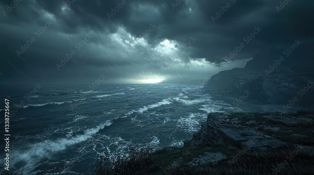 Poster beach waves landscapes idea. mysterious seascape with dark clouds and turbulent waves at twilight.