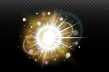 Light flash effect with flares and glow on a transparent background. Magical glow, shining light, star, optical flares for design, photomontage, New Year, and festive projects.