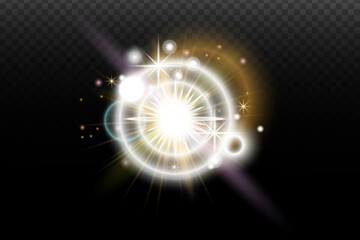 Light flash effect with flares and glow on a transparent background. Magical glow, shining light, star, optical flares for design, photomontage, New Year, and festive projects.