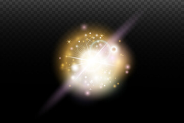 Light flash effect with flares and glow on a transparent background. Magical glow, shining light, star, optical flares for design, photomontage, New Year, and festive projects.