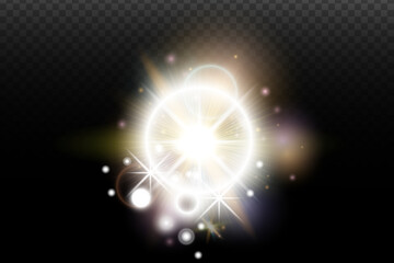 Light flash effect with flares and glow on a transparent background. Magical glow, shining light, star, optical flares for design, photomontage, New Year, and festive projects.