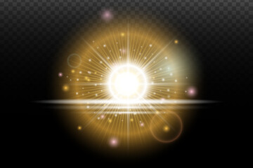Light flash effect with flares and glow on a transparent background. Magical glow, shining light, star, optical flares for design, photomontage, New Year, and festive projects.