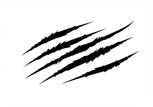 claw marks, slashing, ripped fabric, torn paper, black ink, diagonal streaks, aggressive strokes, sharp edges, dynamic lines, minimalist design, high contrast