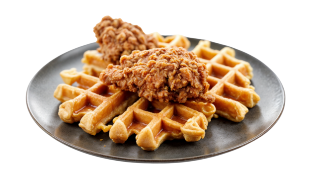 Crispy Chicken and Waffles on Plate: A mouthwatering plate of crispy fried chicken atop golden waffles, a classic combination served on a rustic plate.