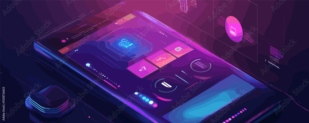Poster futuristic digital interface on smartphone display with neon lights and cyber aesthetics.