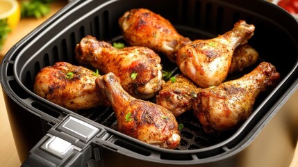 Deliciously Cooked Chicken Drumsticks in an Air Fryer with Spices and Fresh Herbs