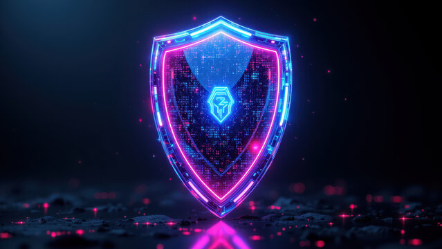 A futuristic digital shield emblem with vibrant neon colors, symbolizing cybersecurity and data protection.