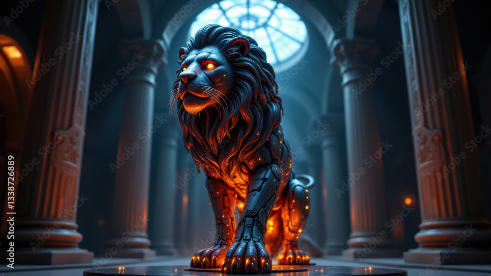 Poster Mythical lion statue guarding a castle-like structure, embodying cybersecurity and devops principles.