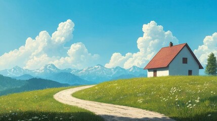 Tranquil countryside landscape with white house, winding road, vibrant green grass, and majestic mountains under a bright blue sky with fluffy clouds