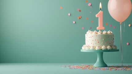 Festive birthday cake with a single pink candle on a mint green background, colorful confetti scattered, and pastel balloons for a cheerful celebration occasion