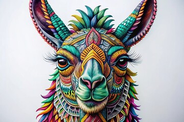 Naklejka premium Vibrant Llama Head Zentangle Art: Colorful Abstract Design on Black Background