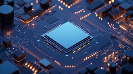 Fototapeta premium Digital Brain: A captivating macro shot showcasing a sophisticated computer processor chip, the heart of modern technology, glowing with intricate circuits and pathways.