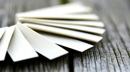 Paper strips fanned, wood background, close-up, stationery