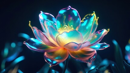 A colorful flower with a blue stem and green leaves