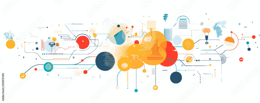 Poster abstract conceptual design with colorful circles and lines depicting technology and science.