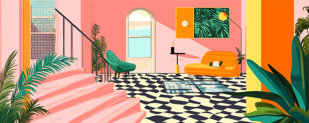 Colorful retro-inspired interior with geometric patterns and greenery.