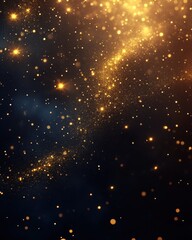 Ethereal golden light dust and sparkles on a dark blue background creating a magical and dreamy atmosphere with a celestial vibe ideal for festive designs