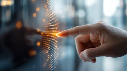 A, design featuring a finger on a screen with a softly glowing horizontal line, symbolizing calm and innovative technology