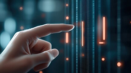 A finger taps a sleek touchscreen, illuminated by a bold diagonal neon line, showcasing modern technology and, design