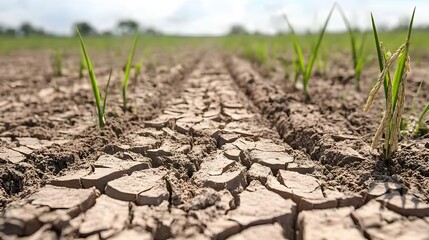 Dry Cracked Earth with Young Rice Plants Drought