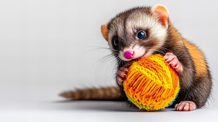A playful ferret is holding onto a colorful yarn ball with its paws, set against a bright and minimalist background with subtle shadows and soft light