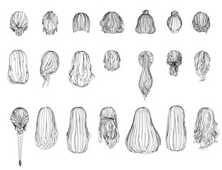 A series of drawings of different hairstyles. The drawings are all black and white. The drawings are of various styles, including straight, curly, and wavy. The drawings are arranged in a row