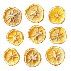 Dried lemon slices arranged isolated on transparent background