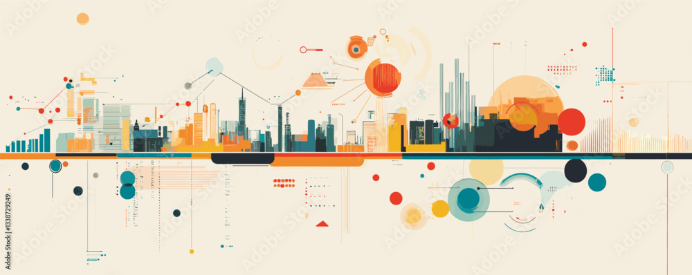 Poster abstract geometric cityscape with colorful circles and lines in futuristic style.