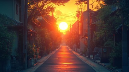 Fototapeta premium Golden sunset casting warm light over a quiet residential street in the city. Generative AI