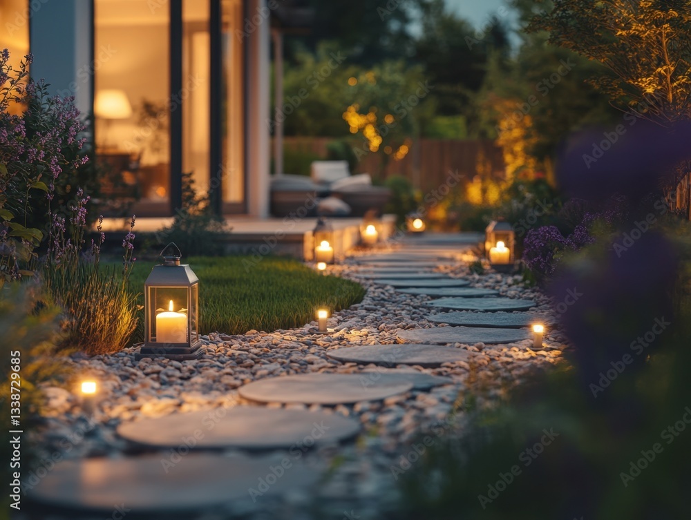 Poster enchanting evening garden path illuminated by lanterns and soft lights creating a warm inviting ambi