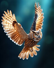 flying bird high above A majestic owl soars gracefully through a forest, showcasing its impressive wingspan and striking features in soft, ambient light.