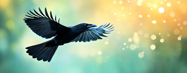 Obraz premium flying bird high above A striking bird in flight against a blurred, colorful background, symbolizing freedom and grace in nature.