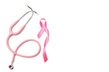 Breast cancer awareness. Pink ribbon and stethoscope isolated on white, top view