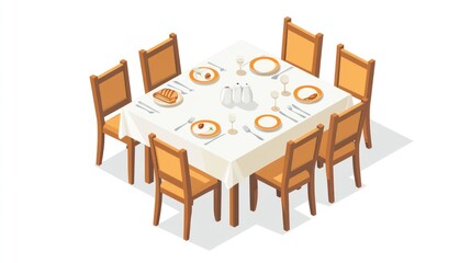 Square Dining Table with Food and Utensils
