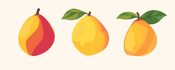 Three vibrant mangoes with leaves on light background, showcasing rich colors and freshness.