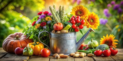 Vibrant Garden Still Life: Watering Can, Flowers & Fresh Produce