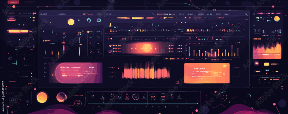 Poster futuristic control panel with data visualizations in neon colors.