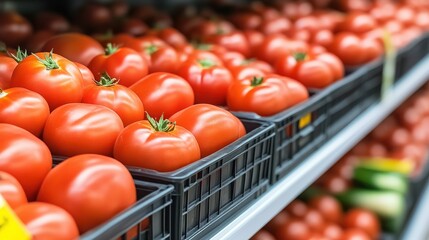 Fresh red tomatoes neatly arranged in black baskets, showcasing their vibrant color and appealing texture in a grocery store setting.
