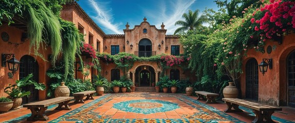 A stunning courtyard adorned with lush greenery and blooming flowers in a vibrant Mexican setting invites visitors to relax and admire its architectural beauty on a bright sunny day