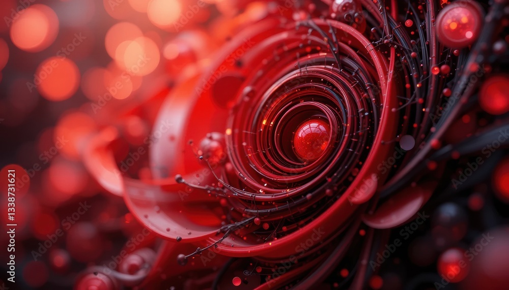 Poster abstract red swirls and orbs with dynamic contrasts and intricate patterns