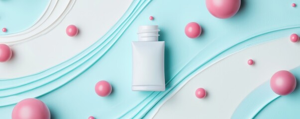 White Cosmetic Tube Mockup on Abstract Pastel Blue and White Background with Pink Spheres