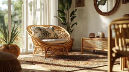 Cozy sunlit wicker chair, natural tones