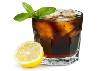 Refreshing Glass of Cola with Ice, Mint Leaves, and Lemon Slice on a White Background