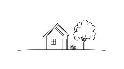 Simple Line Drawing of House and Tree