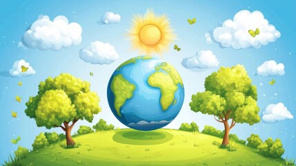 Earth on a hill, sunny day, trees, butterflies