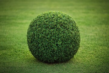 Neatly trimmed spherical bush enhances landscaped area in a garden setting during daylight Generative AI