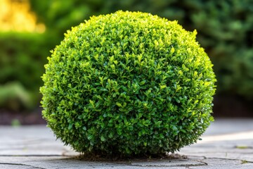 Neatly trimmed spherical bush adds charm to landscaped garden area in sunlight Generative AI