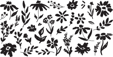 Abstract flowers and branch with leaves brush ink strokes. Hand drawn vector sketch charcoal illustration, silhouette floral design, scribble grunge brush texture. Vector flowers, fabric design © Nataliya Pokrovska