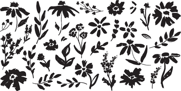 Abstract flowers and branch with leaves brush ink strokes. Hand drawn vector sketch charcoal illustration, silhouette floral design, scribble grunge brush texture. Vector flowers, fabric design