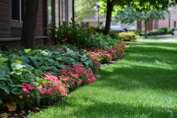 Beautifully manicured shrubs and vibrant flowers line a green lawn in a residential area Generative AI